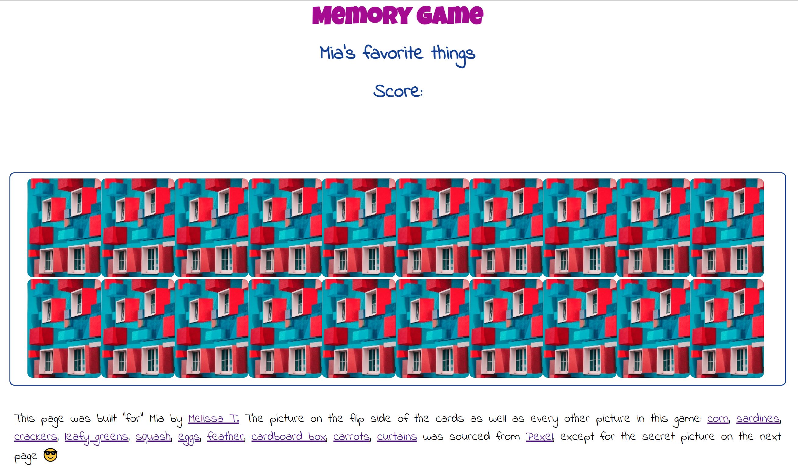 Screenshot of memory game